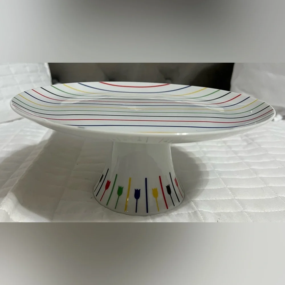 Georges Briard “Palette” multi-colored stripes with tulip patterns cake stand - Picture 4 of 8